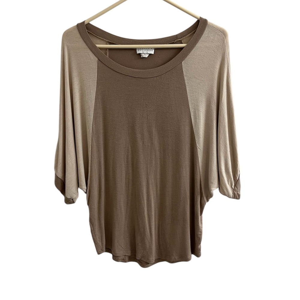 Vintage Joseph A Top Petite M Brown Tan Rayon Stretch 3/4 Batwing Sleeve